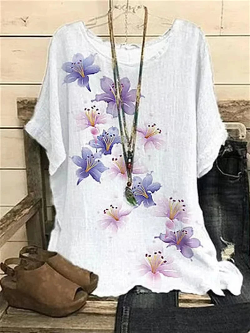 Women T-Shirt O-Neck Plus Size Top Elegant Flower - MAXIME