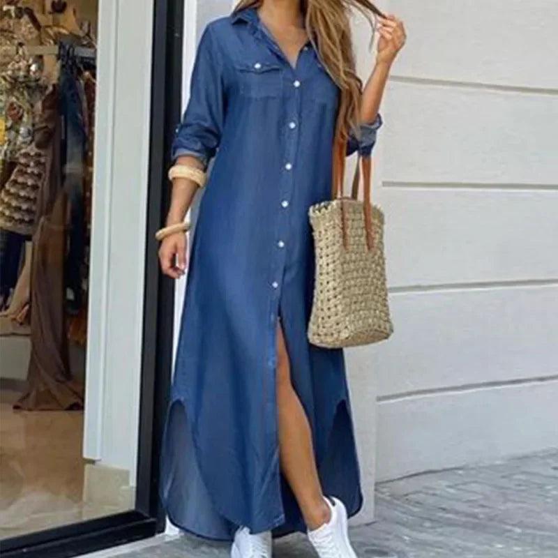 Women Long Sleeve Shirt Dress Spring Single Breasted Button Party Female Maxi - MAXIME