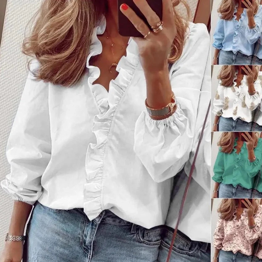 Lady Short Sleeve V Neck Shirts Casual Loose Elegant Basic Tops - MAXIME