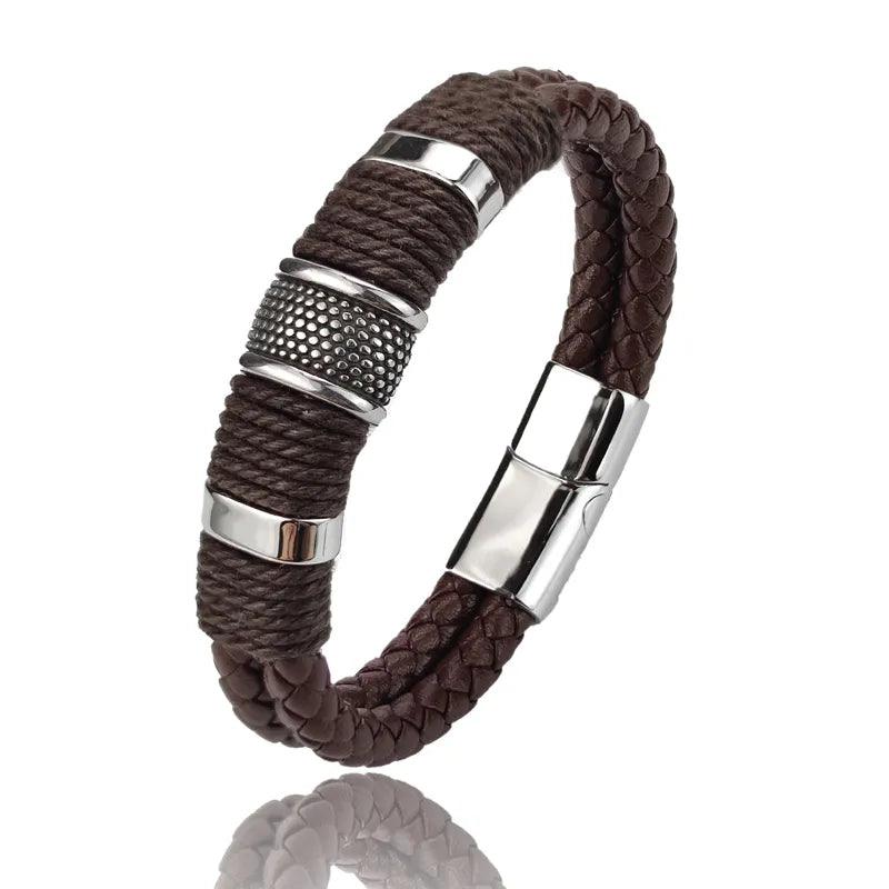 Leather Men Bracelet Stone Bead Bracelet Stainless Steel Jewelry Male Wrist Bangle Gift - MAXIME