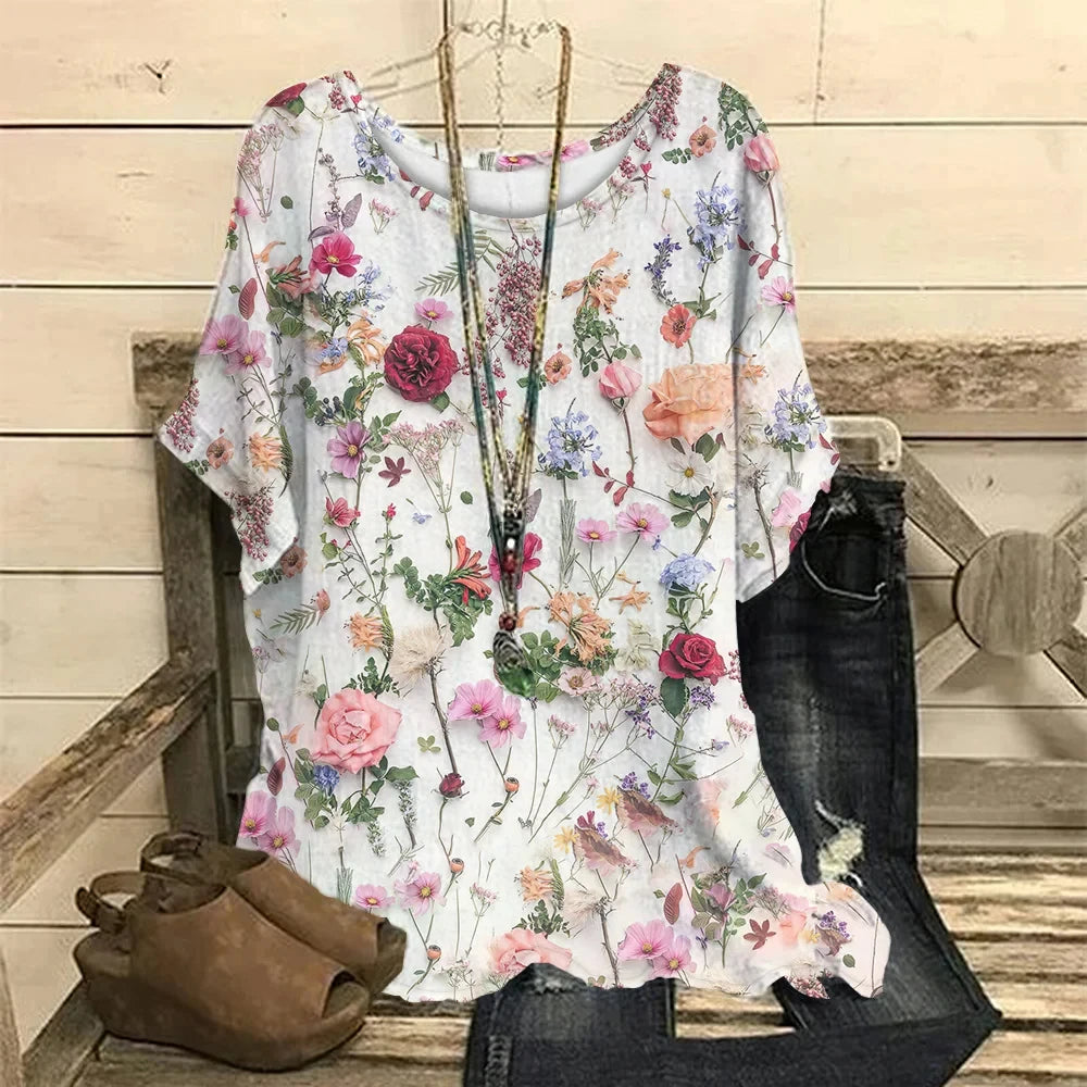 Women T-Shirt O-Neck Casual Short Sleeve Flowers - MAXIME