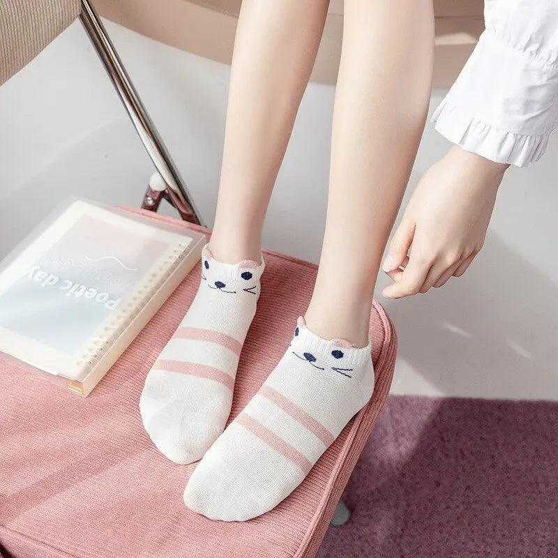 Maxime 5 Pairs Women's Short Tube Socks Pink Cat Thin Four Seasons Cute Boat Sockslow Top Ins Trendy Socks - MAXIME