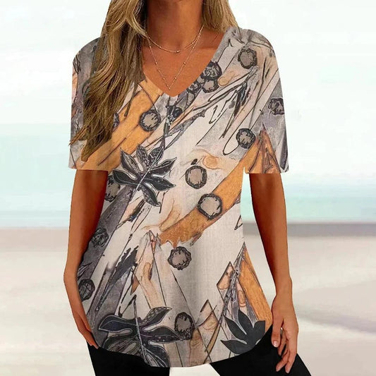 New Floral Summer V-neck Ladies Loose Short Sleeve Tops Female Casual Blouse - MAXIME