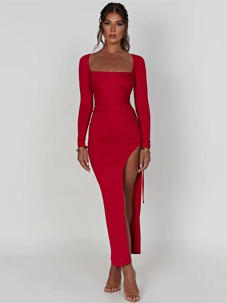 Maxime Long Sleeve Ruched High Split Maxi Dress - MAXIME