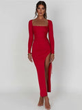 Maxime Long Sleeve Ruched High Split Maxi Dress - MAXIME