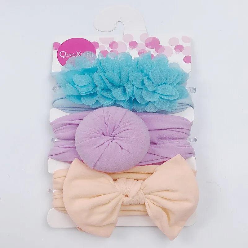 Maxime 3pcs/set Elastic Chiffon Flower Headbands For Baby Girls Hair Accessories Baby Girls Bows Nylon Solid Color Turban Hair Band - MAXIME