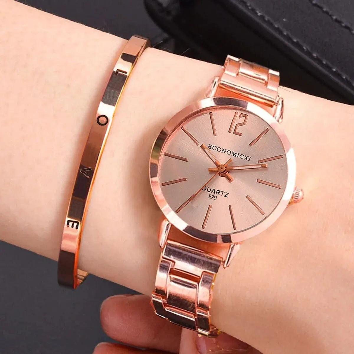 Maxime 2pcs Set Watch Luxury Women Simple Dial Hollow Strap Fashion Gold Bracelet Quartz Wristwatch Student Ladies Watches Reloj Mujer - MAXIME