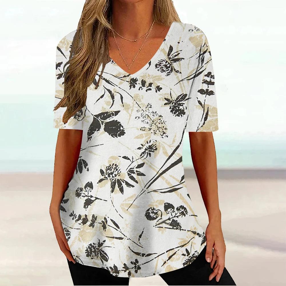 New Floral Summer V-neck Ladies Loose Short Sleeve Tops Female Casual Blouse - MAXIME