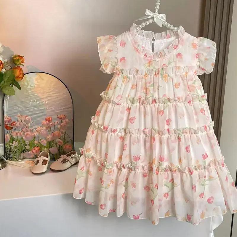 Children Girls Sleeveless Dress Summer Dress 2023 New Baby Super Fairy Floral Chiffon Girl Princess Dress - MAXIME