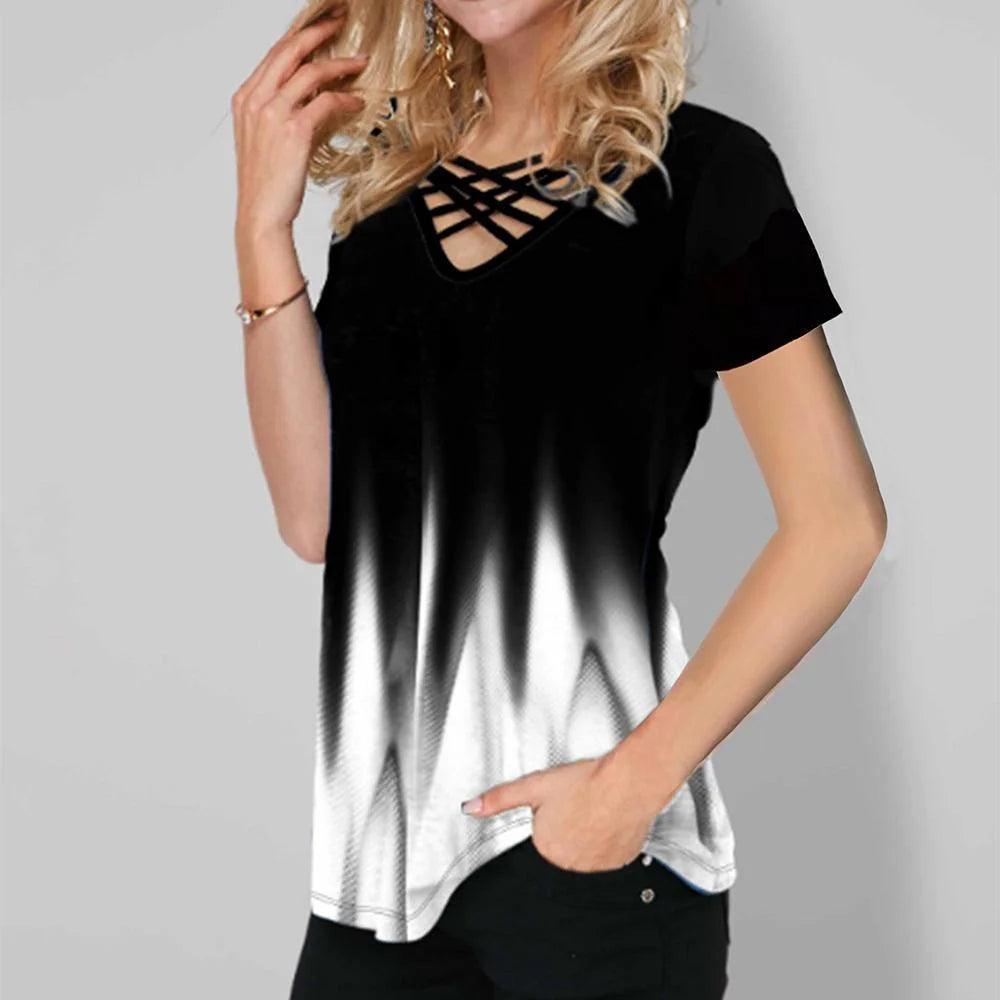 Womens Short Sleeve Blouse Printed Gradient V Neck Cross Strap - MAXIME