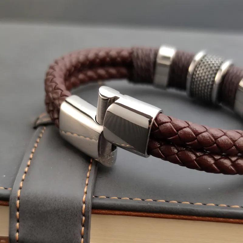 Leather Men Bracelet Stone Bead Bracelet Stainless Steel Jewelry Male Wrist Bangle Gift - MAXIME