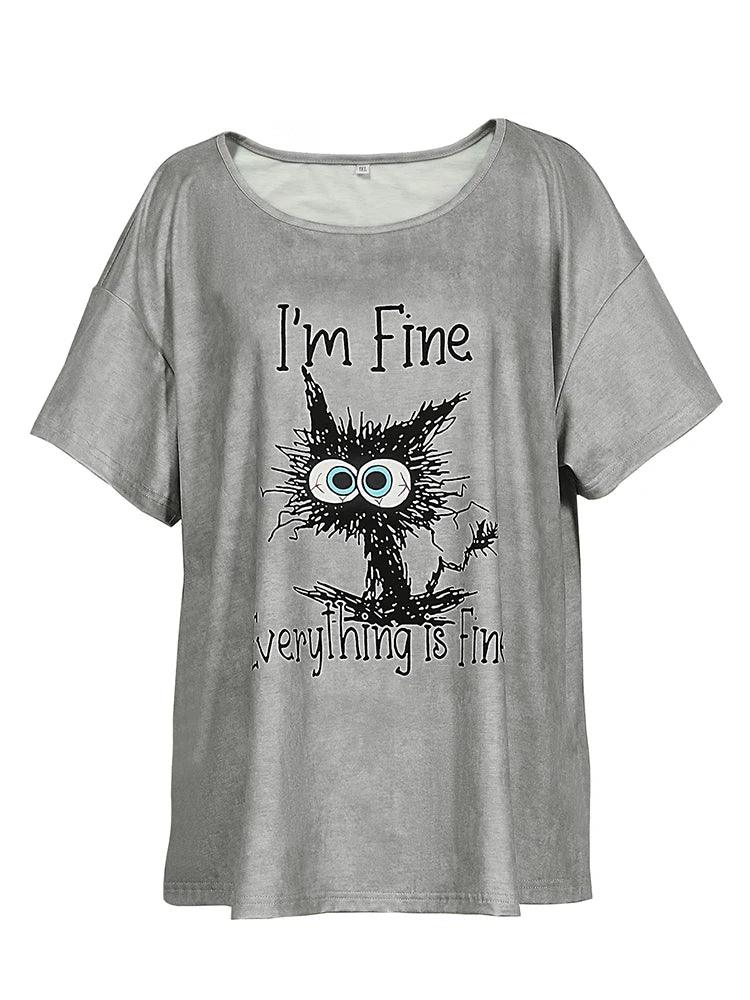 Womens T-shirt Cat Tees Tops O Neck Short Sleeve - MAXIME