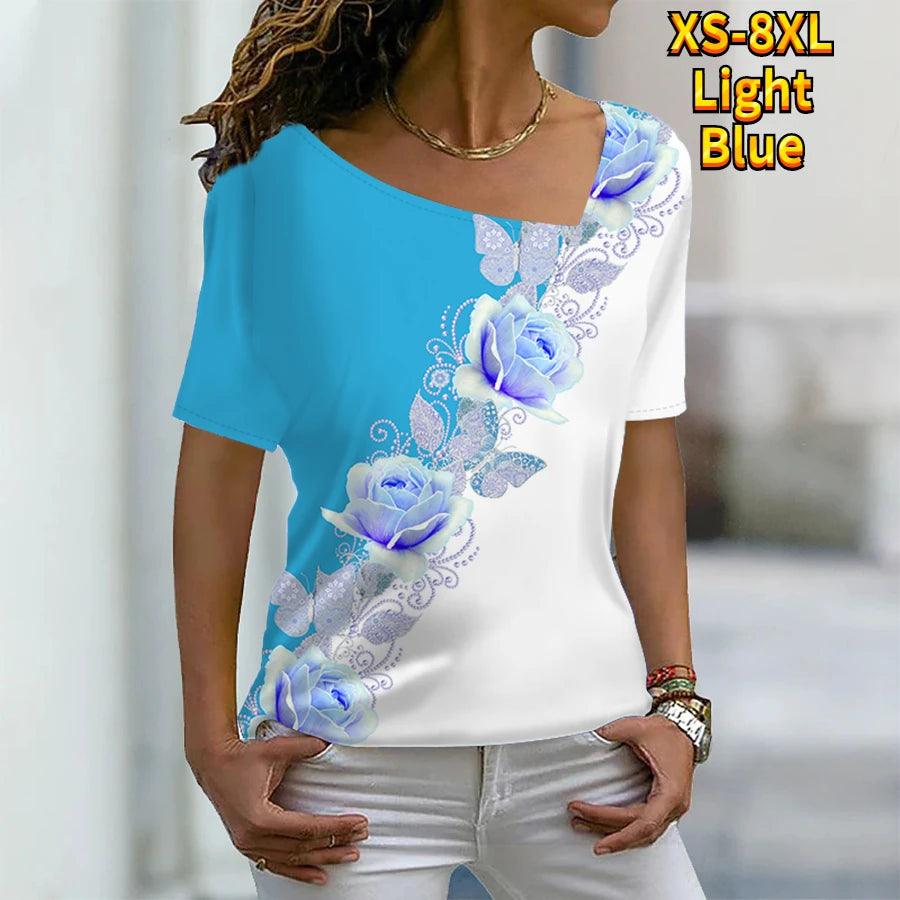 T Shirt Rose Floral Print V Neck Basic Tops Short Sleeve T-shirt XS-8XL/3D Printing - MAXIME