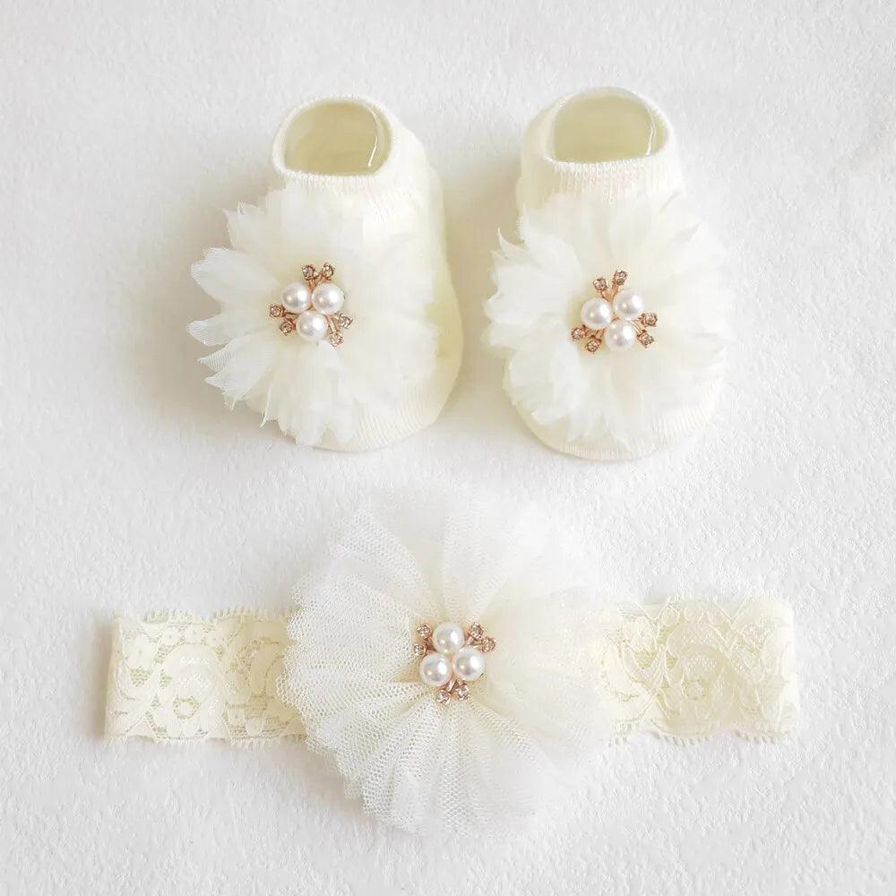 Maxime Lovely Pearl Bows Baby Headband Socks Set Non Slip Cotton Sock Lace Flower Newborn Hair Band Turban Girl Hair Accessories - MAXIME