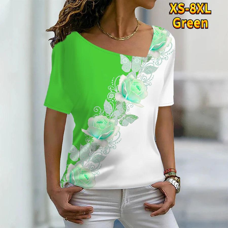 T Shirt Rose Floral Print V Neck Basic Tops Short Sleeve T-shirt XS-8XL/3D Printing - MAXIME