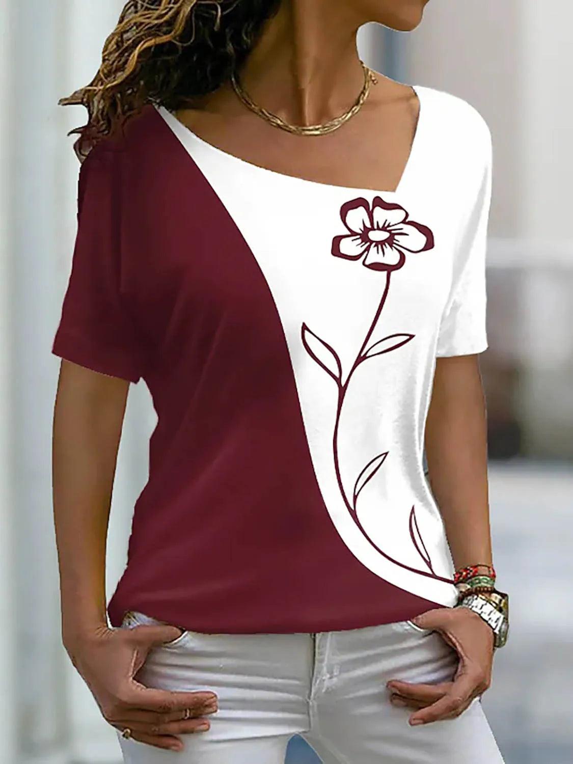 Women's Floral V Neck Basic Tops Short Sleeve T-shirt XS-8XL/3D Printing - MAXIME