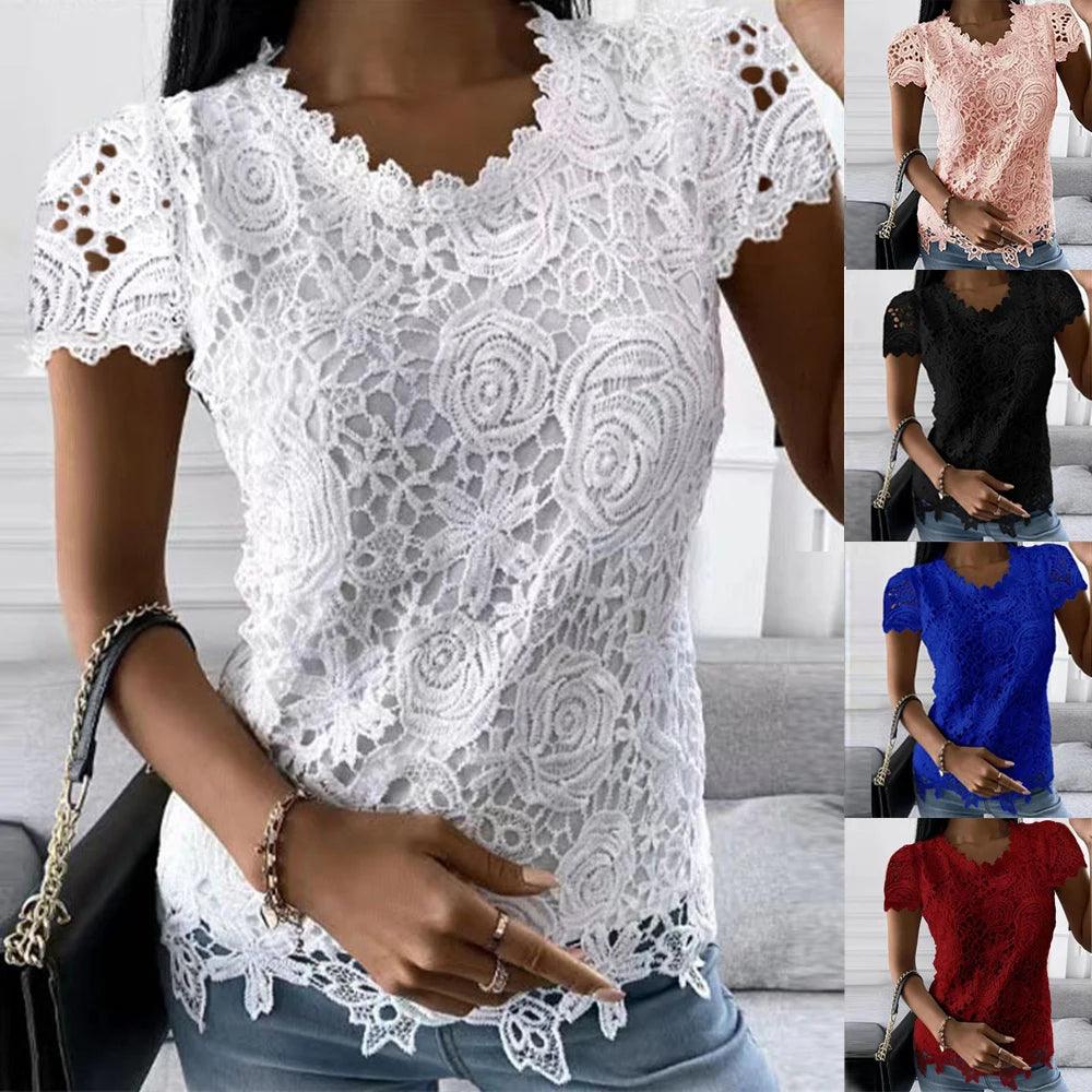 Women Fashion Lace Round Neck Tops T-Shirt Ladies Summer Casual Short Sleeve Blouse - MAXIME