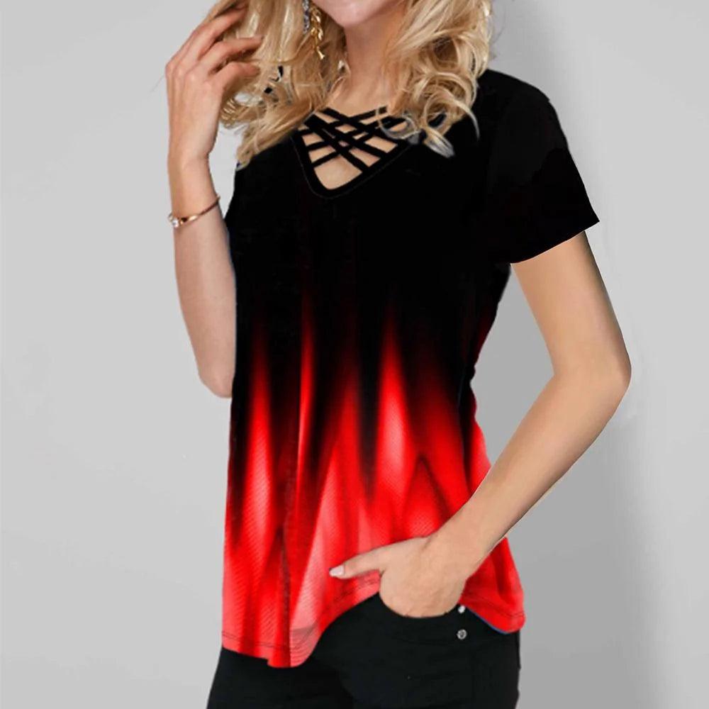 Womens Short Sleeve Blouse Printed Gradient V Neck Cross Strap - MAXIME