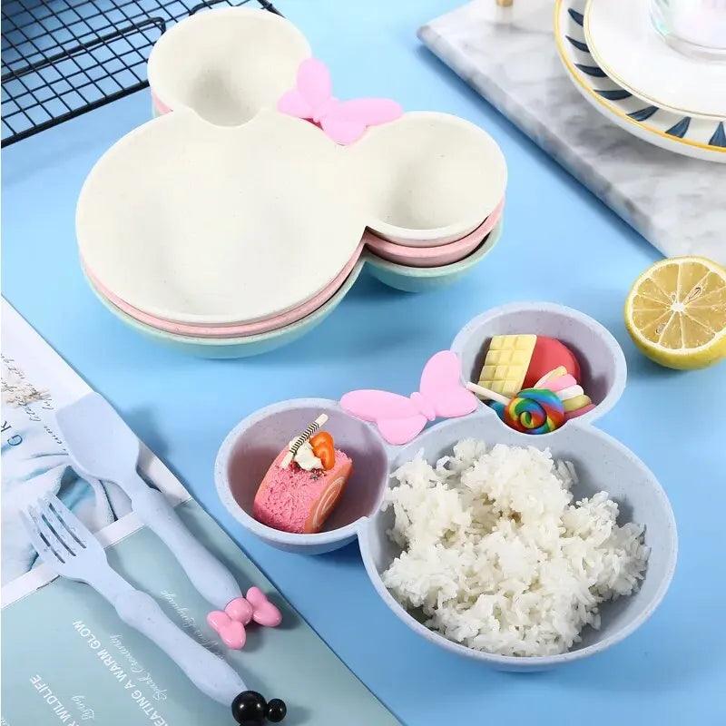 Maxime 3Pcs/set Cartoon Baby Bowl Tableware Set Wheat Straw Children's Dishes Kids Dinner Feeding Plate Bowknot Food Plate Spoon Fork - MAXIME