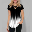 Womens Short Sleeve Blouse Printed Gradient V Neck Cross Strap - MAXIME