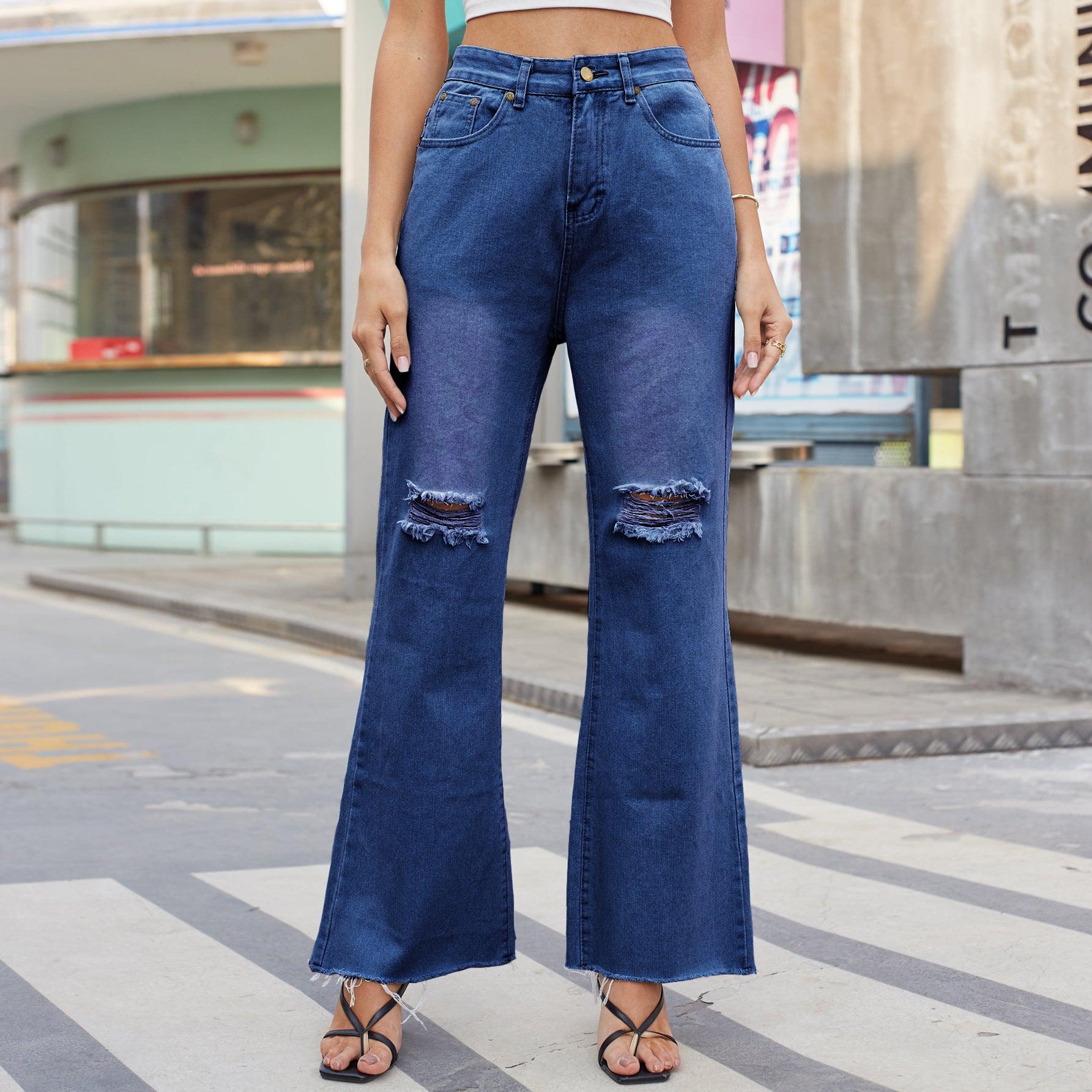 Denim Wide Leg Trousers Ripped Skinny Jeans - MAXIME