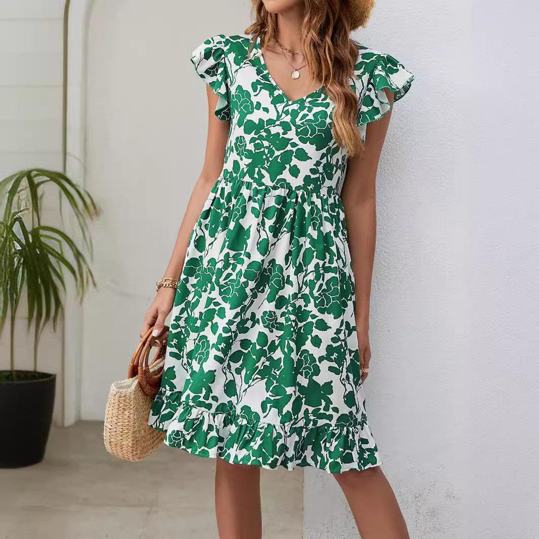 Leaf Print Dress Summer V-neck - MAXIME