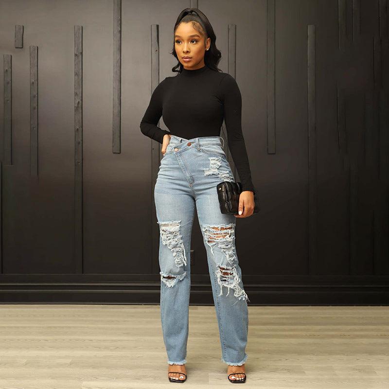 Washed High Waist Straight Ripped Jeans - MAXIME