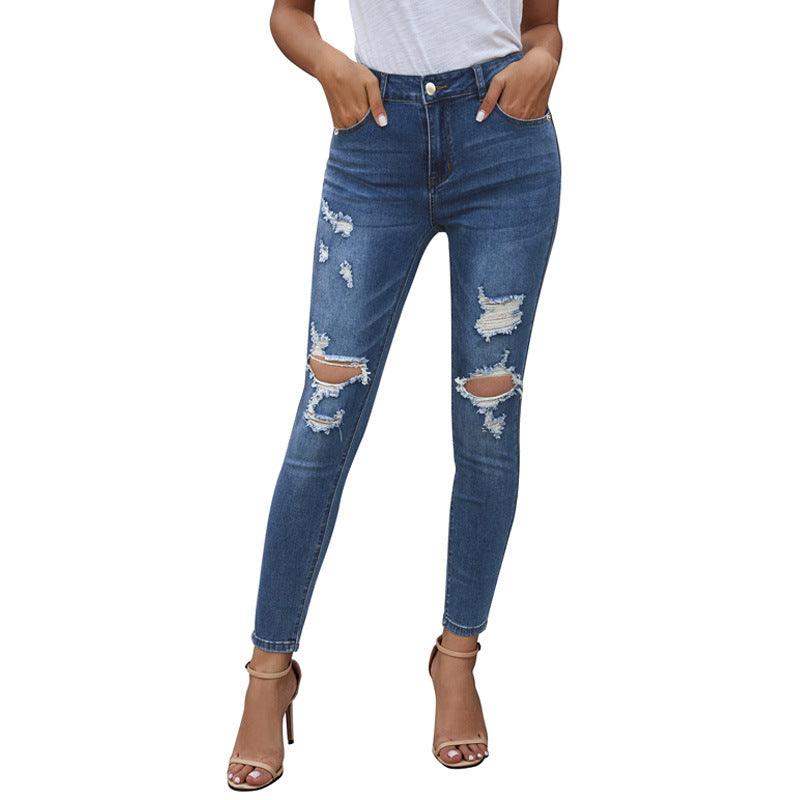 New Casual Worn High Waist Cropped Pants Ripped Jeans - MAXIME