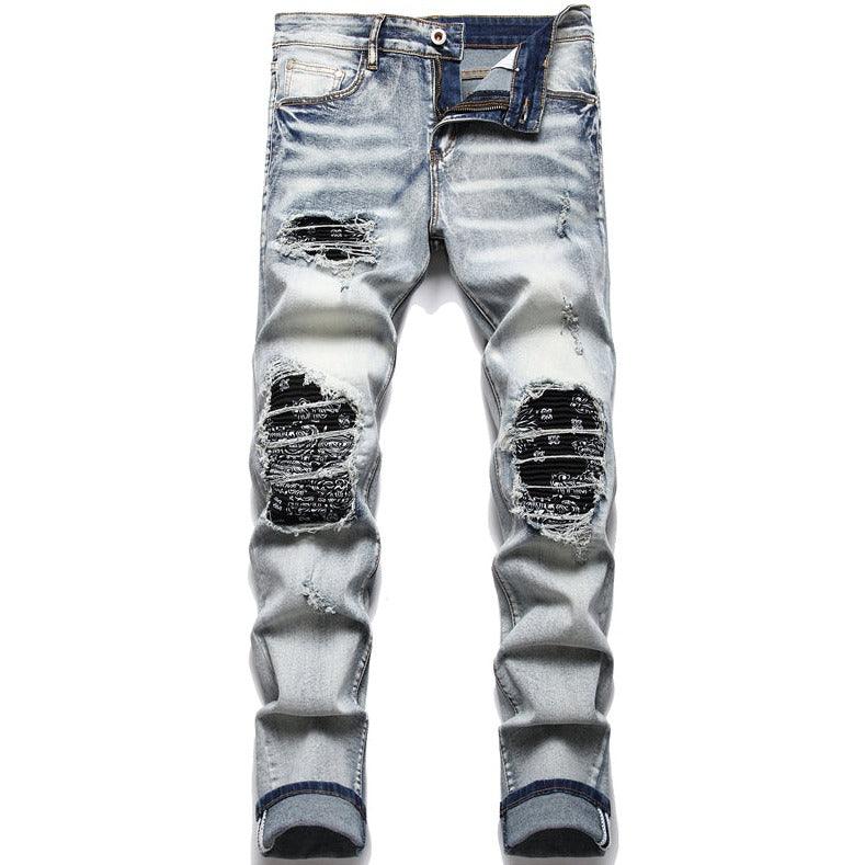 Men Biker Jeans Paisley Print Patch Casual Pants - MAXIME