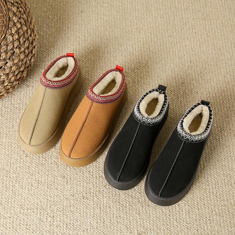 Baotou Plush Half Slippers Home Snow Boots Women's Fleece Warm Thick Bottom Cotton Shoes Ankle Flats - MAXIME