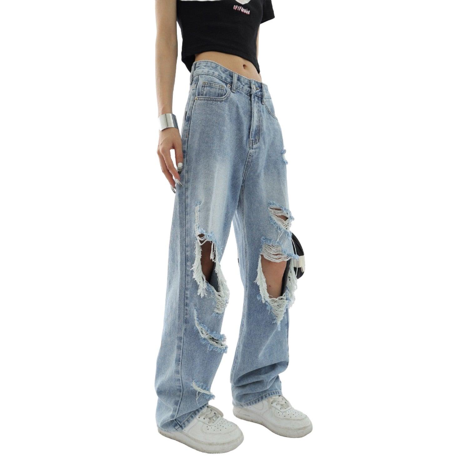 Light Blue Thin Ripped Jeans For Women - MAXIME