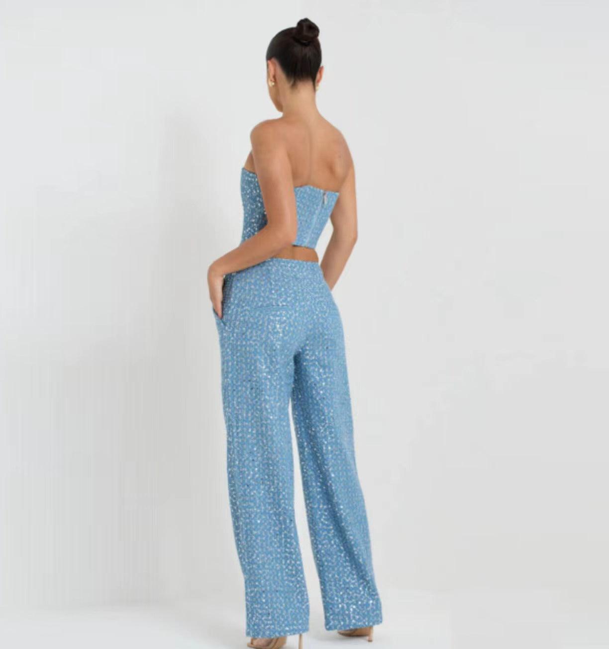 Maxime Denim Top Wide Leg Pants Suit - MAXIME