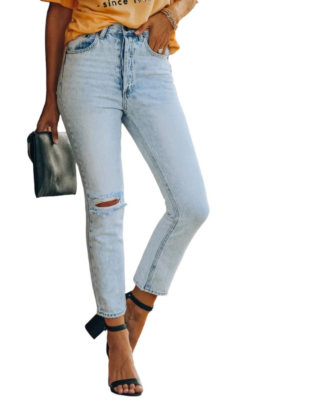 Denim Ripped Ankle-length Casual Pants - MAXIME