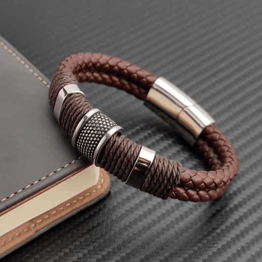 Leather Men Bracelet Stone Bead Bracelet Stainless Steel Jewelry Male Wrist Bangle Gift - MAXIME