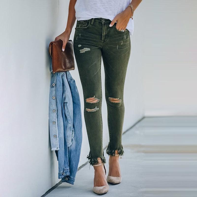 New Dark Green Raw Design Ripped Jeans - MAXIME