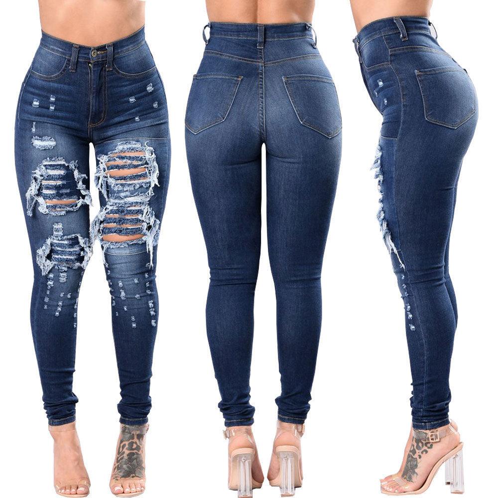 Women's Ripped Denim Washed Denim Pants - MAXIME