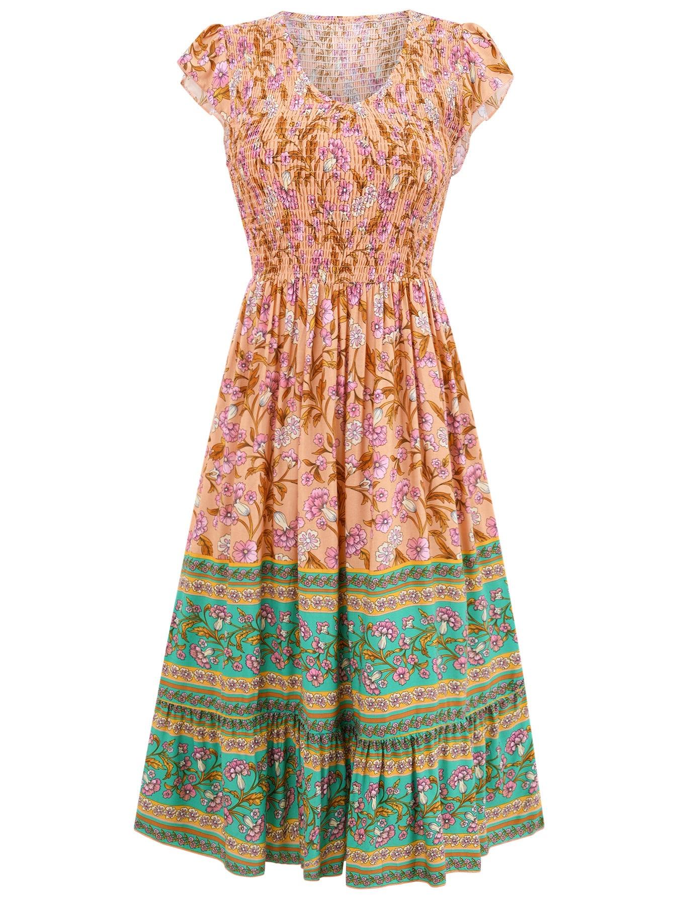 Flowers Print V-neck Dress - MAXIME