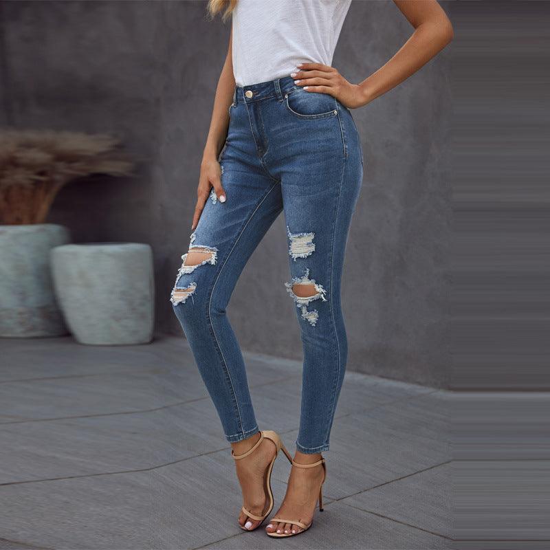 New Casual Worn High Waist Cropped Pants Ripped Jeans - MAXIME