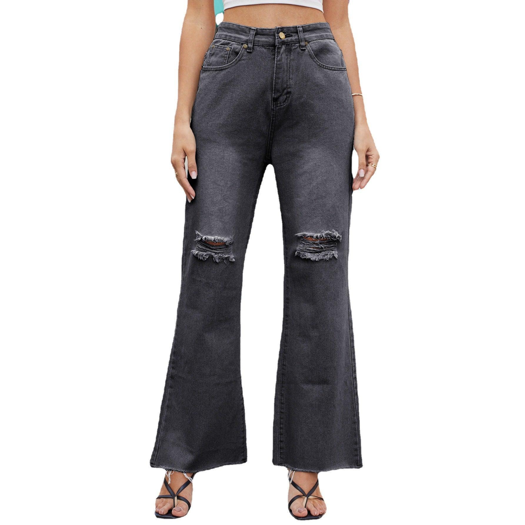 Denim Wide Leg Trousers Ripped Skinny Jeans - MAXIME