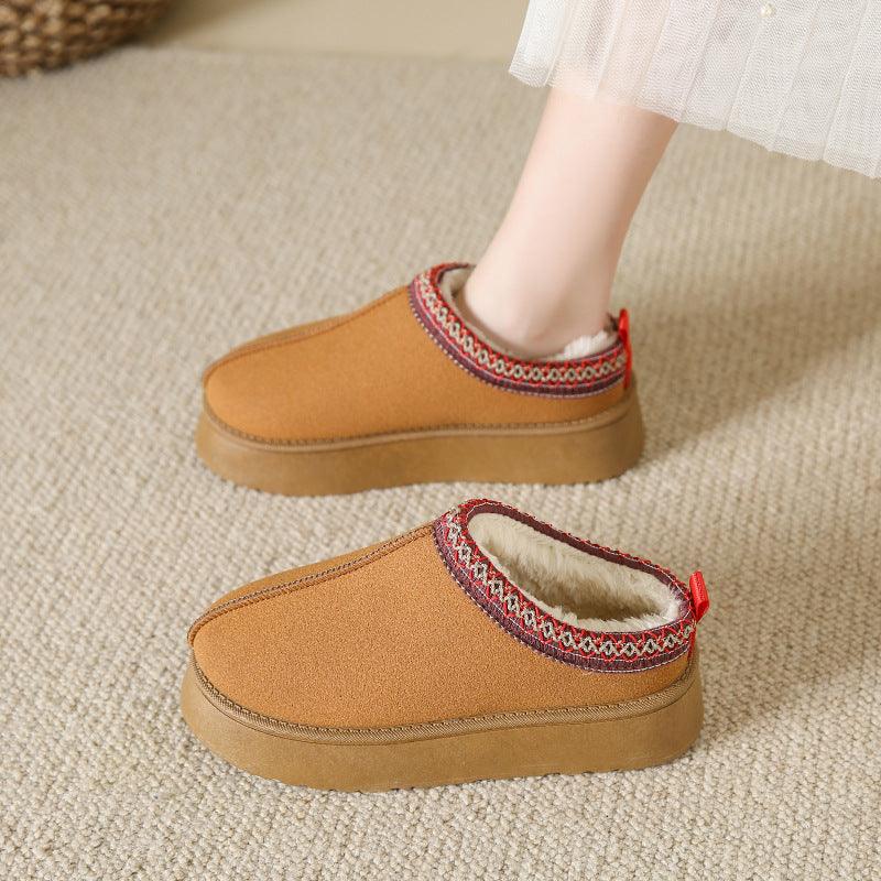 Baotou Plush Half Slippers Home Snow Boots Women's Fleece Warm Thick Bottom Cotton Shoes Ankle Flats - MAXIME