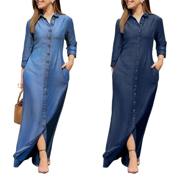 Shirt Collar Denim Button Maxi Dress - MAXIME