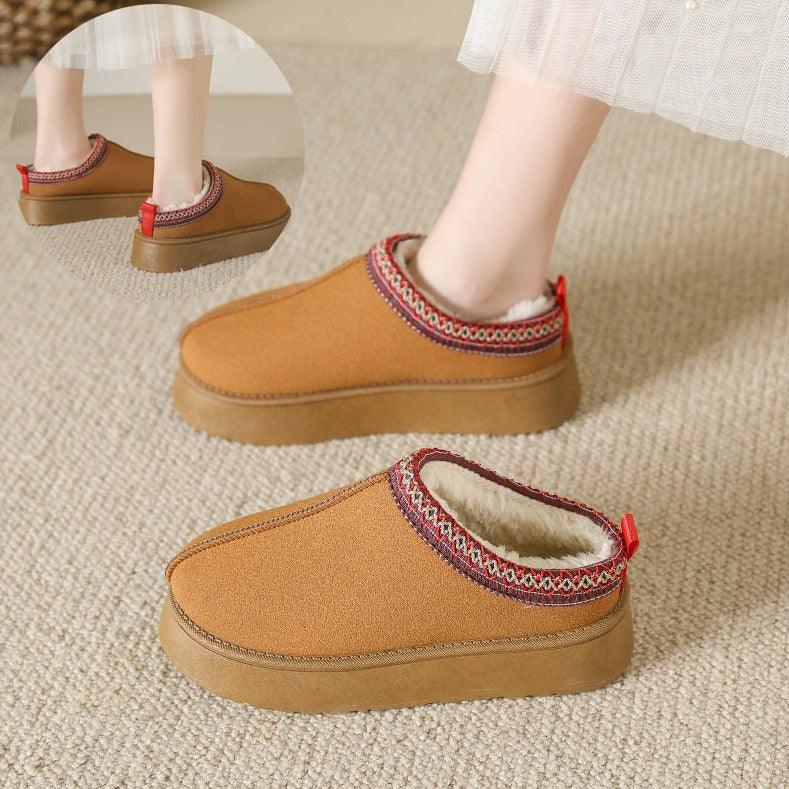 Baotou Plush Half Slippers Home Snow Boots Women's Fleece Warm Thick Bottom Cotton Shoes Ankle Flats - MAXIME