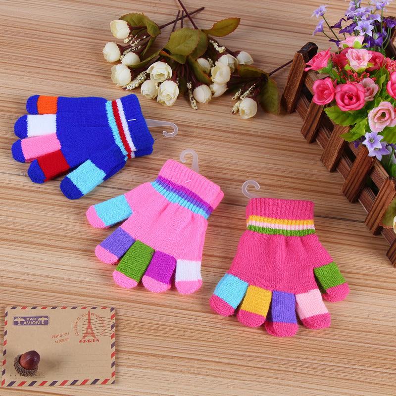 Knitted Thick Color Striped Full Finger Warm Gloves - MAXIME