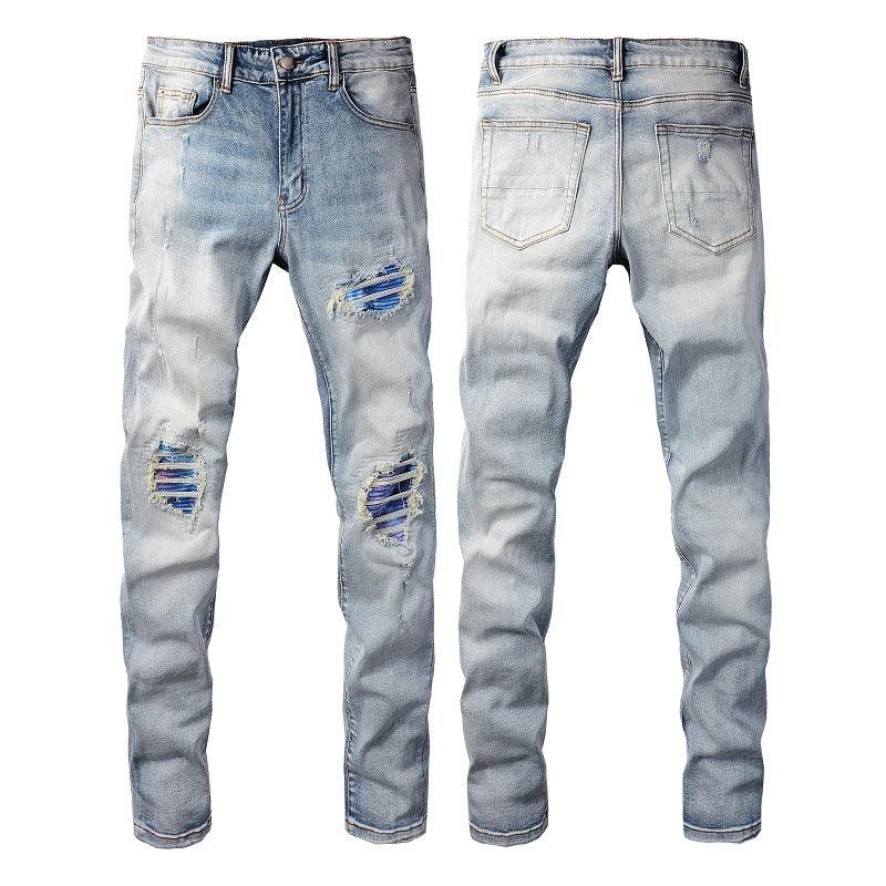 Washed Bright White Distressed Cat Beard Patch Ripped Stretch Slim Jeans - MAXIME