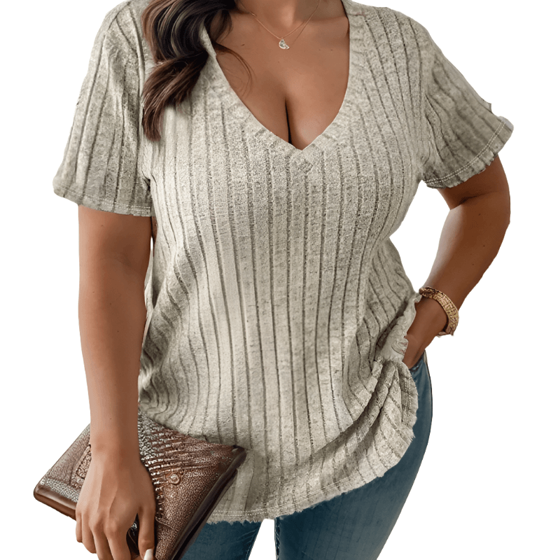 Cross Border Plus Size Women's V Neck Striped Tops T Shirts - MAXIME