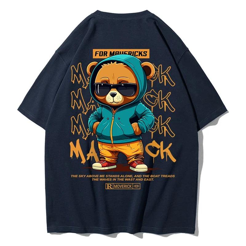 Men's Cotton Bear Pattern Printed T-Shirt with Round Neck - MAXIME