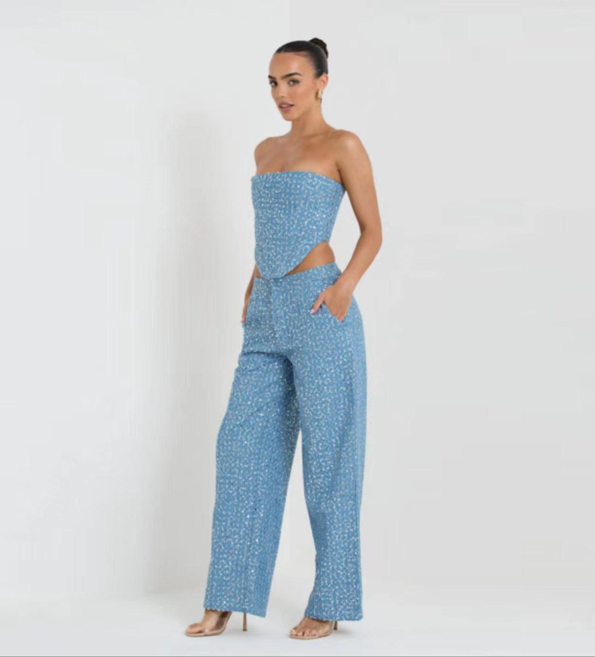 Maxime Denim Top Wide Leg Pants Suit - MAXIME