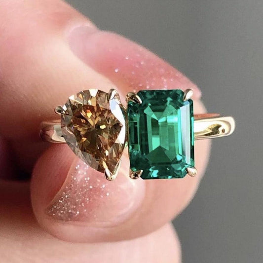 Double Main Stone Lady Green Yellow Zircon Square Stone Ring - MAXIME