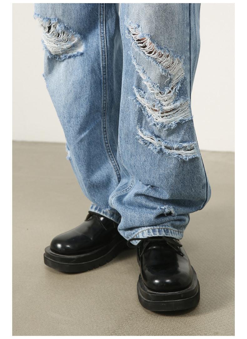 Washed Blue With Holes Straight Jeans For Men - MAXIME