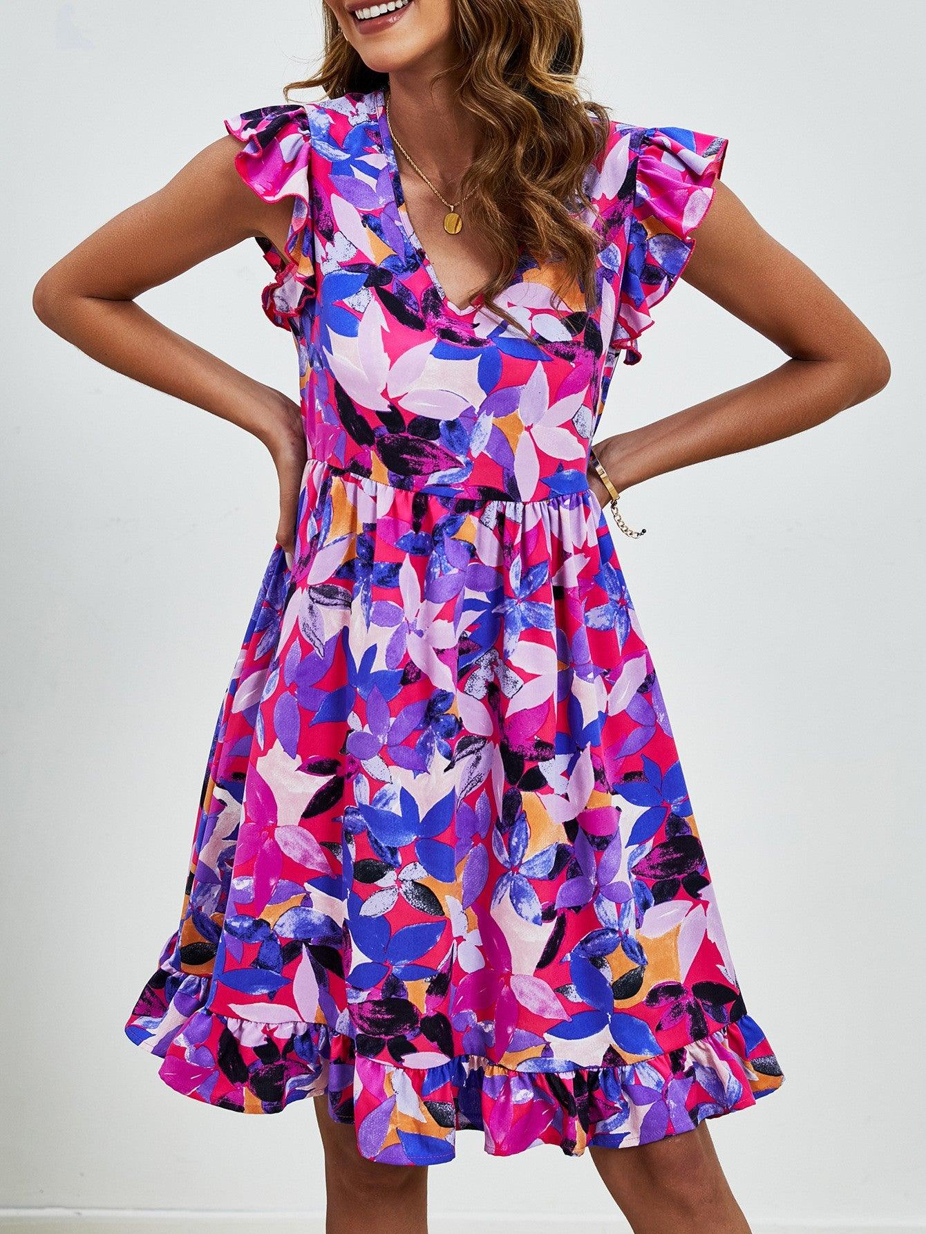 Leaf Print Dress Summer V-neck - MAXIME